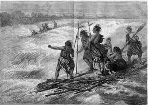 Indios de Canadá, parados en ramas de árboles unidas, descendiendo los rápidos de Long Sault en el río San Lorenzo de French School