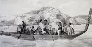 Indígenas neozelandeses en piragua con aldea fortificada al fondo, 10 de abril de French School
