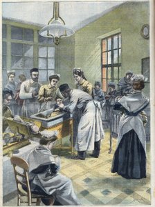 Infantes en el depósito de Enfants Assistés rue Denfert-Rochereau en París colocados en una incubadora. Los médicos y enfermeras cuidan a los bebés prematuros o debilitados, en "Le Petit Parisien" de French School