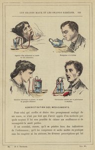 Ingestión de un medicamento mediante el tubo alimentario, Fumigación con la tetera, Inhalación balsámica y gaseosa, mediante el inhalador de gasógeno, Pulverización reactiva por el pulverizador de reacciones de French School