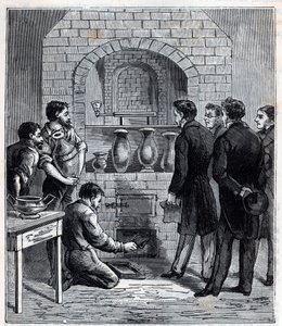 Instalación del pirómetro por Alexandre Brongniart (1770-1847) científico francés en la manufactura de Sèvres - Grabado en “Ciencias llevadas a la casa de todos - física y química populares” por Alexis Clerc - Finales del siglo XIX. Colección privada. de French School