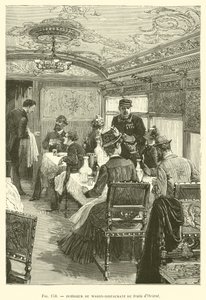Interior del Vagón-Restaurante del tren de Oriente (grabado) de French School