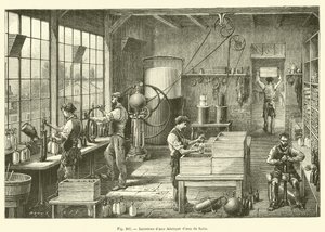 Interior de una fábrica de agua de Seltz de French School