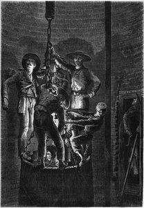 Apariencia interior de un pozo de mina de carbón: ascenso del contenedor. 1861. Grabado en 