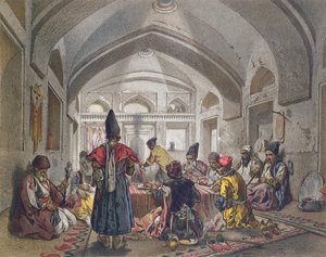 Interior de un caravanserai en Persia, mediados del siglo XIX de French School