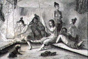 Interior de una cabaña esquimal en la década de 1860 (grabado)
