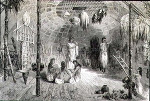 Interior de una choza india en la década de 1860 de French School