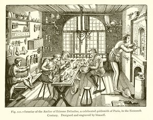 Interior del taller de Etienne Delaulne, un célebre orfebre de París, en el siglo XVI de French School