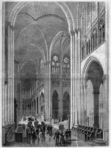 Interior de la Basílica de Saint Denis restaurada según los planos de Eugène Viollet-le-Duc (1814-1879). Grabado en "El Universo Ilustre"