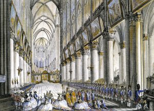 Vista interna de Notre-Dame de París, a la llegada de María Antonieta (1755-1793), Reina de Francia, para asistir a la famosa misa por el nacimiento de su hijo, el futuro Luis XVII (1785-1795). Grabado del siglo XVIII de French School