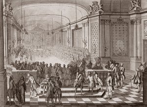 Vista interna del Salón de los Jacobinos, en Nantes, durante la celebración de los Estados Unidos de Bretaña en 1764. de French School