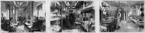 Vista interna del vagón de ambulancia y vagón cocina de un tren médico de la Sociedad Francesa de Socorro a los Militares Heridos. Grabado en 
