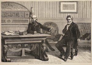 Entrevista entre el Conde Bismarck y M. Jules Favre, septiembre 1870, ilustración de la Historia de la Guerra entre Francia y Alemania, 1870-1871 de French School