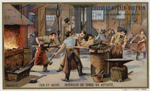 Hierro y acero. Interior de una herrería ocupada de French School