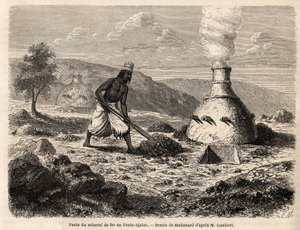 Fundición de mineral de hierro en Fouta Djalon, Senegal, dibujo de Hadamard, para ilustrar el viaje del teniente Lambert a Fouta Djalon en 1860. Grabado en "Le tour du monde" 1861. Colección Selva. de French School