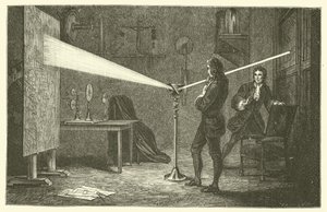 Isaac Newton descompone la luz (grabado)