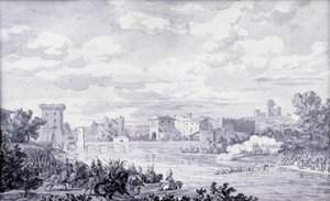 Campiña italiana: el ejército francés pasa el río Mincio hacia Borghetto en 1796. Dibujo anónimo. París, Museo del Louvre de French School