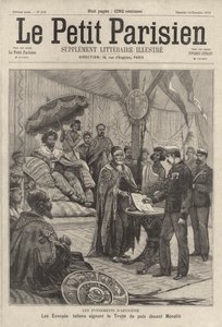 Enviados italianos firmando el tratado de paz para poner fin a la Primera Guerra Italo-Etíope ante el emperador Menelik II de Etiopía de French School