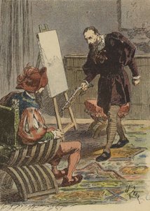 El pintor italiano Tintoretto acercándose a Pietro Aretino, armado con una pistola, para tomar sus medidas para su retrato de French School