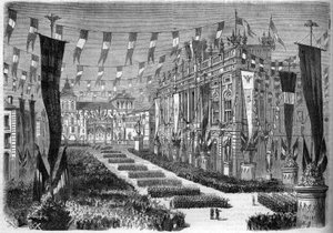 Unificación italiana, Turín, 2 de abril de 1860: decoración de la plaza del castillo (Piazza Castello) con motivo de la apertura del parlamento italiano. Grabado en “Le Monde Illustré” n°157 del 14 de abril de 1860. de French School
