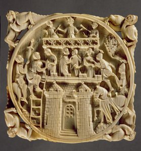 Respaldo de marfil de un espejo que representa al Dios del Amor asediado en su castillo