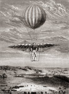 Ornitóptero de 1808 de Jacob Degen con válvulas de aletas, en el que el piloto estaba de pie sobre un armazón rígido y accionaba las alas con una barra horizontal móvil, de "Les Merveilles de la Science", publicado hacia 1870 (litografía). de French School
