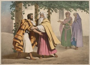 Jacob con Labán y sus hijas, ilustración de un catecismo L