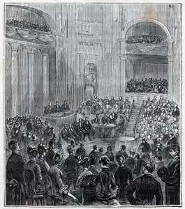 Jacques Babinet (1794 - 1872), físico y astrónomo francés en la reunión solemne de las cinco Academias en 1840 - Grabado en “Ciencias al alcance de todos - física y química” por Alexis Clerc - Finales del siglo XIX. Colección privada.