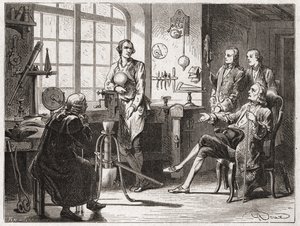 James Watt (inventor de la máquina de vapor en 1769) en su tienda de Glasgow - en "Álbum de Ciencia; ilustres científicos; Grandes descubrimientos" 1896 de French School