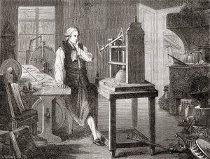 James Watt en su taller de Glasgow mejorando la máquina de vapor de Thomas Newcomen de 1712 con su máquina de vapor Watt en 1781, de Les Merveilles de la Science, pub.1870 de French School
