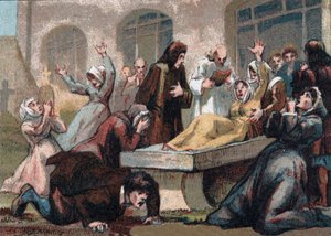 Jansenismo: los convulsionarios (fanáticos jansenistas) del cementerio Saint Medard bajo Luis XV. Cromolitografía alrededor de 1890 de French School
