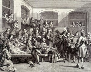 Jansenismo: los convulsionarios del cementerio Saint-Médard en la tumba del diácono París (1690-1727) donde ocurrieron “milagros”. Impresión del siglo XVIII de French School