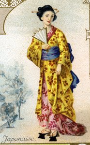 Mujer japonesa. Serie de 25 cromos publicitarios para la fábrica de galletas Pernot de Dijon, creada en 1869. Detalle de los personajes en traje tradicional de French School