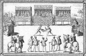 El golpe de Jarnac: Duelo de Guy Chabot de Jarnac y François de Vivonne de la Chataignerie ante la Corte de Saint-Germain-en-Laye. de French School