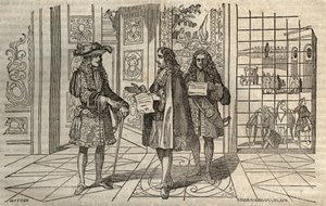 Jean Baptiste Colbert (1619-1683) en una reunión con el Rey Luis XIV y François Louvois (1641-1691) en Versalles - grabado después de Leclerc de French School