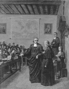 Jean Baptiste De La Salle (Jean-Baptiste) 1651-1719 religioso francés, fundador de la congregación de los hermanos de las Escuelas Cristianas, mostrando una de sus escuelas a M de La Chetardie. Grabado de finales del siglo XIX