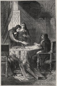 Jean Chapelain (1595-1674) poeta y crítico literario francés y Pierre Costar (1603-1660) entregaron a Jean Baptiste Colbert (1619-1683) una lista de escritores que merecen ser pensionados por el rey - grabado en “Les Hommes Célèbres de la France” por Louis de French School