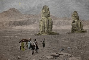 Jean Francois Champollion en los Colosos de Memnon, Egipto (grabado) de French School