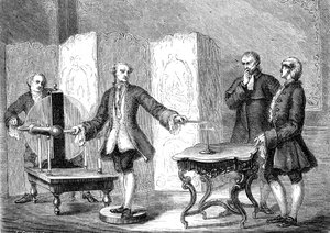 Jean JALLABERT (1712-1768), físico suizo, descubre la electricita sobre objetos punzantes (Poder de la punta de FRANKLIN). grabado 1867 de French School