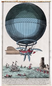 Jean Pierre Blanchard (1753 - 1809) y John Jefferies (1745 - 1819) llegando a Calais después de cruzar el Canal de la Mancha en un globo aerostático el 7 de enero