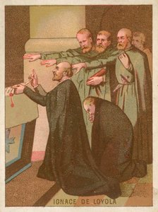 Sacerdote jesuita San Ignacio de Loyola arrodillado en un altar de French School
