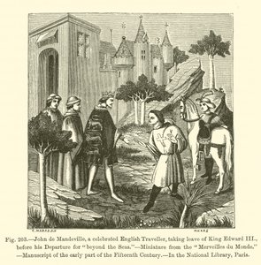 John de Mandeville, un célebre viajero inglés, despidiéndose del Rey Eduardo III antes de su partida "más allá de los mares" (grabado) de French School