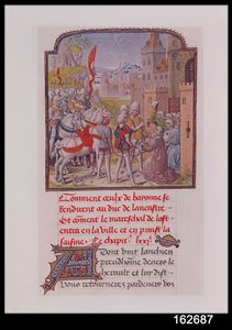 Juan de Gante siendo recibido por los ciudadanos de Bayona en las puertas de la ciudad, de la Crónica de Froissart, finales del siglo XV de French School