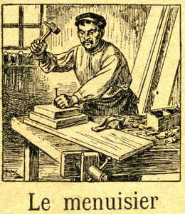 Ebanista plantando una punta (clavo) con un martillo en un conjunto de tablas en su banco. Grabado de un silabario (libro de lectura) hacia 1920.