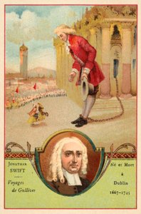 Jonathan Swift, autor irlandés, y una escena de su novela Los viajes de Gulliver de French School
