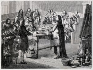 Joseph Black (1728 - 1799), químico y físico británico, experimenta el calor latente ante los estudiantes de la Universidad de Glasgow de French School