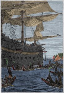 Viaje de Samuel Wallis (1728-1795) a Polinesia: indígenas sosteniendo ramas de plátano en la mano como saludo de bienvenida - ilustración tomada de 