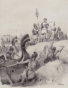 Julio César y los romanos desembarcando en Kent en su primera invasión de Gran Bretaña, 55 a.C. de French School