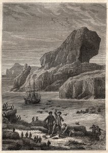 Islas Kerguelen. Ilustración para Los grandes navegadores del siglo XVIII de Jules Verne - James Cook en las Islas Kerguelen en 1776 (archipiélago de Kerguelen o Islas de la Desolación) - en Los viajeros del siglo XVIII y XIX - ilustración de French School