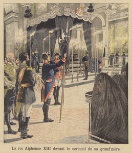 El rey Alfonso XIII de España ante el féretro de su abuela, la reina Isabel II (litografía en color)